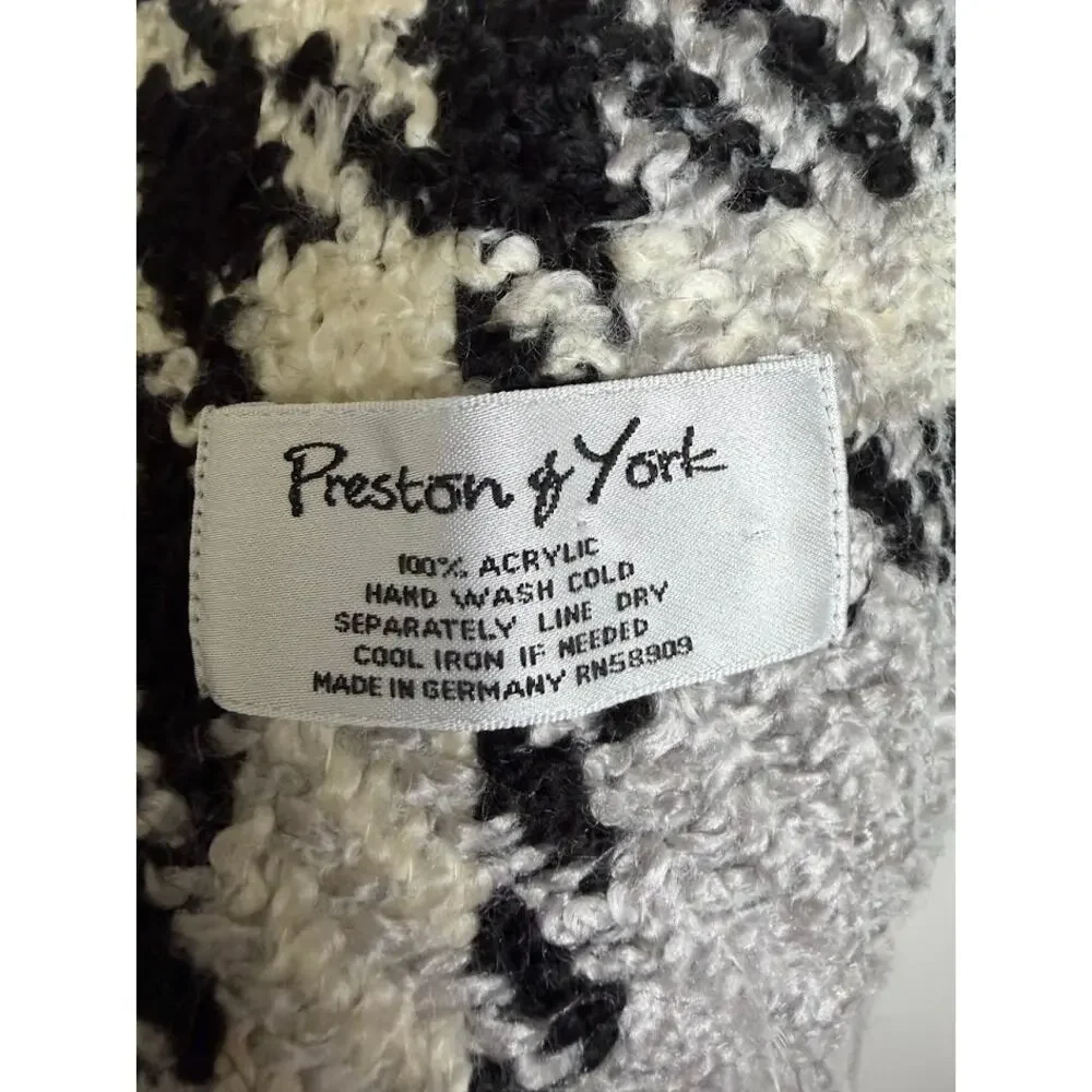 Preston & York Plaid Heritage Scarf Fringe Houndstooth Black Cream Wrap